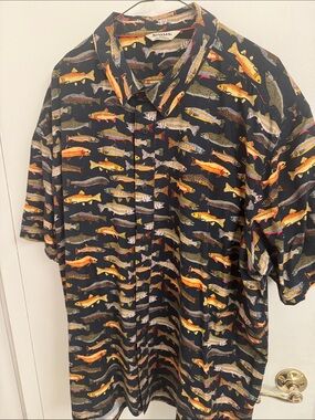 Simms Black Short-Sleeve Button-Down Shirt with Multicolor Fish Print